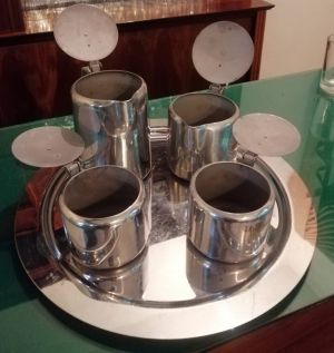 Servicio De Cafe De Acero Inoxidable De 5 Piezas Vintage Incluye Charola, Cafetera, Cremera, 2 Azucareras. Marca Vasconia Precio 1800 Foto1
